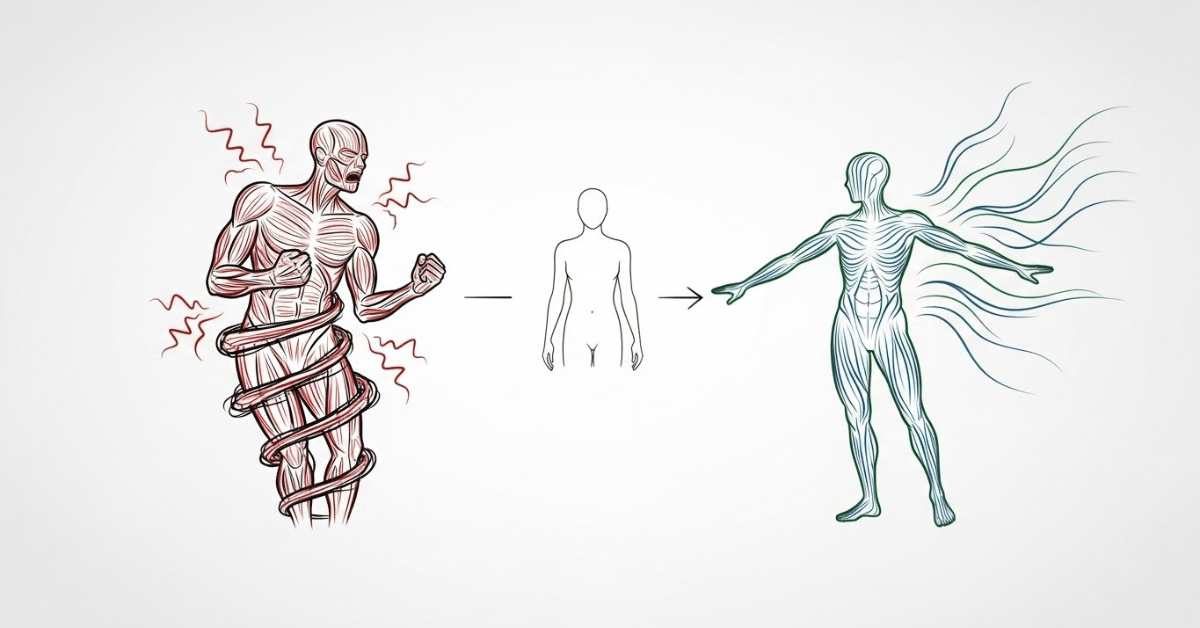 Illustration showing the body shifting from tension and stress to calm balance, representing how a one-minute reset relaxes the nervous system and restores energy.