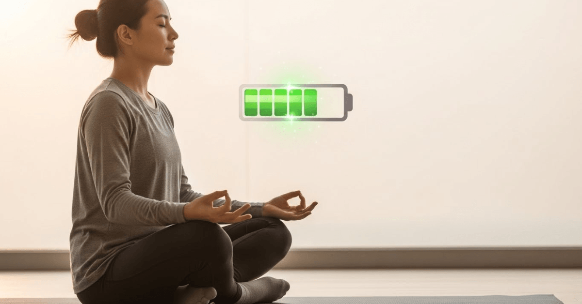 Person sitting calmly in meditation with a glowing battery icon, symbolizing how a one-minute reset restores energy, focus, and mental clarity.