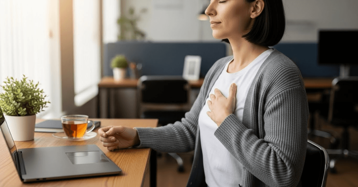 Person sitting at a desk with eyes closed and hand on chest, practicing deep breathing to calm the nervous system and reset focus in under one minute.