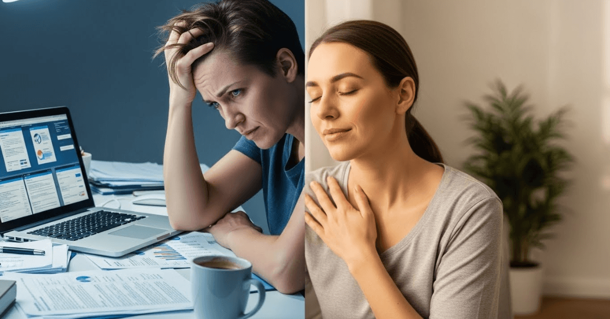 Split-screen showing a stressed person overwhelmed at a desk on one side and the same person calm with eyes closed and hand on chest on the other, illustrating how a one-minute reset reduces stress and restores calm.