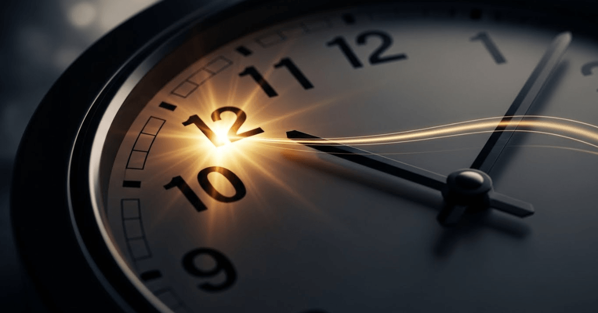 Close-up of a clock with the one-minute mark glowing, symbolizing how a single intentional minute can reset the body, calm the mind, and restore energy.