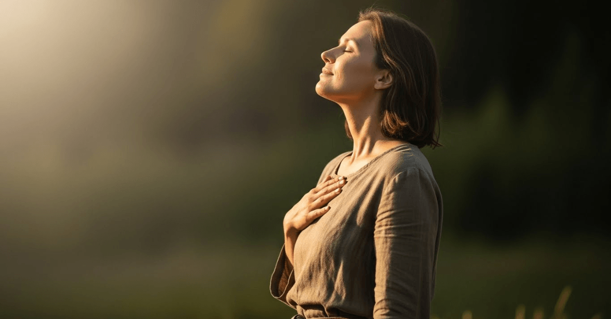 Person standing outdoors with eyes closed and hand on chest, breathing deeply in warm sunlight, symbolizing restored calm, clarity, and energy after a simple one-minute reset.