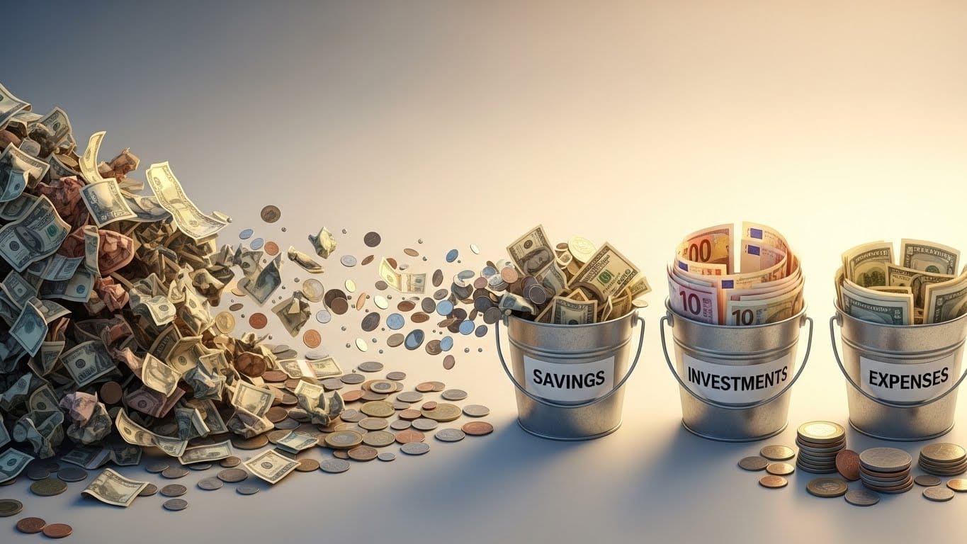 Loose cash and coins flowing from financial chaos into three organized buckets labeled Savings, Investments, and Expenses, representing a simple system for managing money and reducing financial stress.
