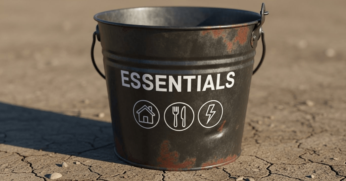 A sturdy metal bucket labeled “Essentials” with icons for housing, food, and utilities, symbolizing core living expenses in a simple three-bucket financial system.