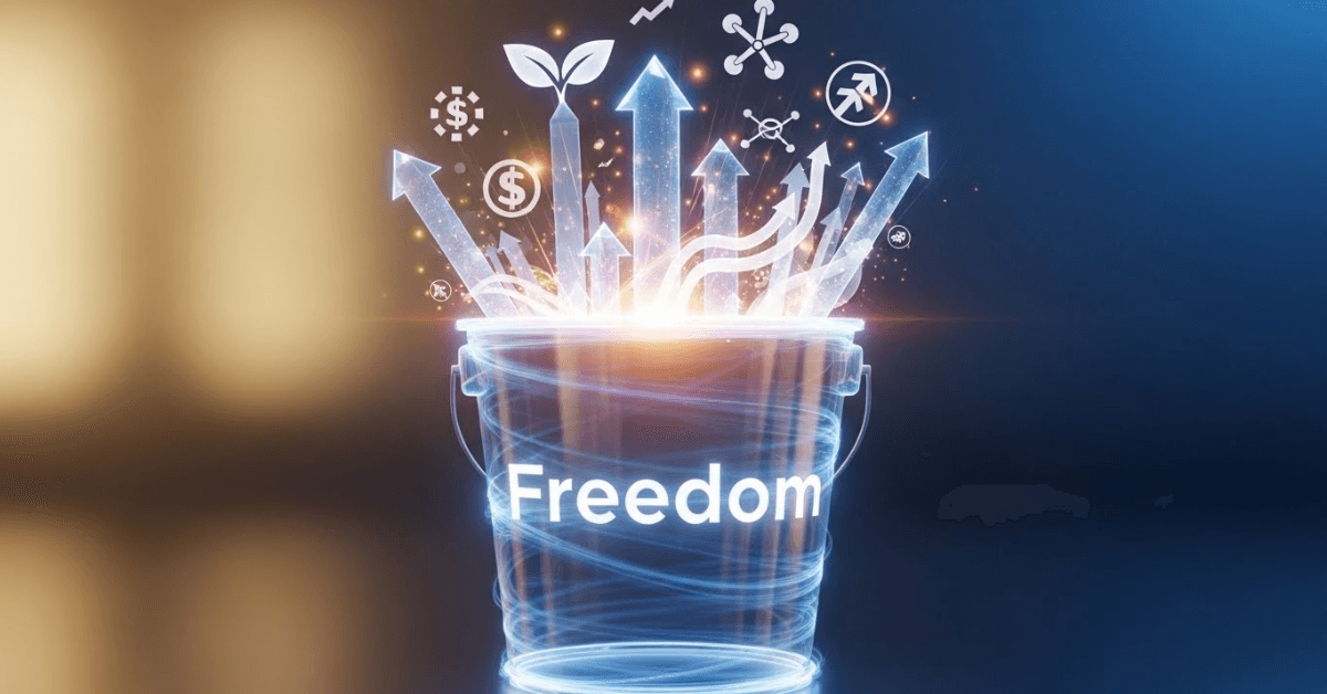 A glowing bucket labeled “Freedom” with upward arrows and growth symbols rising from it, representing investing, wealth building, and long-term financial freedom in the three-bucket money system.