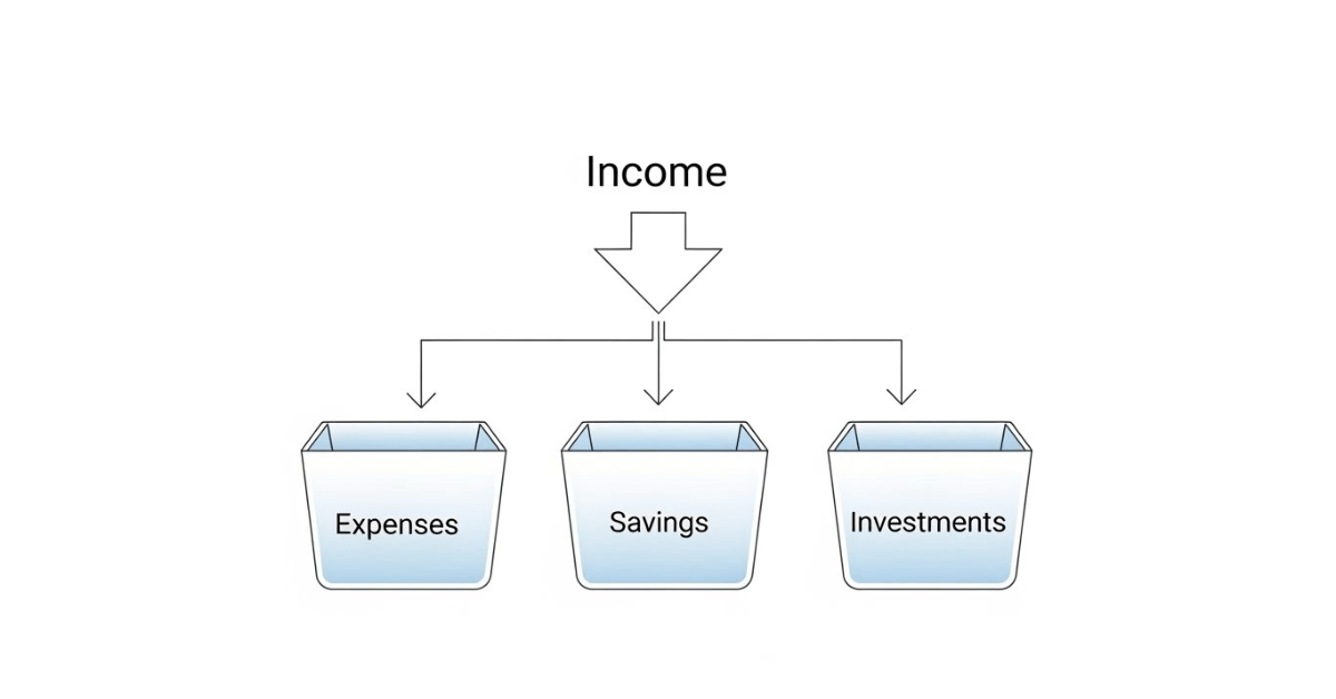 A simple flow diagram showing income being distributed into three buckets labeled Expenses, Savings, and Investments, illustrating the three-bucket strategy for managing money.