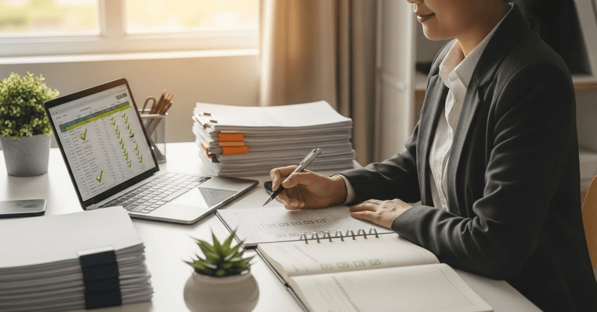 A person reviewing finances and tracking progress with checkmarks in a planner and spreadsheet, symbolizing consistency and control in managing money.