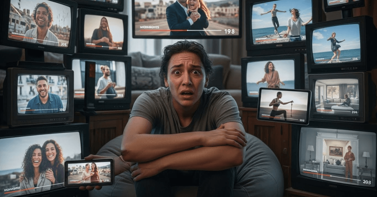 A person sitting overwhelmed while surrounded by multiple screens showing other people’s highlight moments, symbolizing stress and anxiety caused by constant comparison.