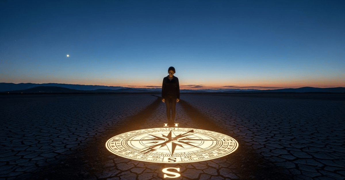A person standing on a glowing compass at dusk in an open landscape, symbolizing inner guidance, self-trust, and choosing one’s own direction instead of comparing with others.