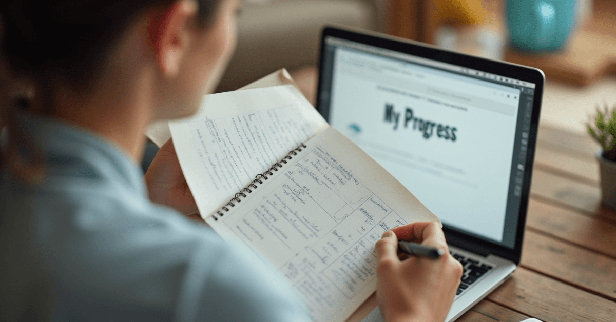A person reviewing handwritten notes in a journal while a laptop screen displays the words “My Progress,” symbolizing self-reflection, personal growth, and focusing on one’s own journey instead of comparison.