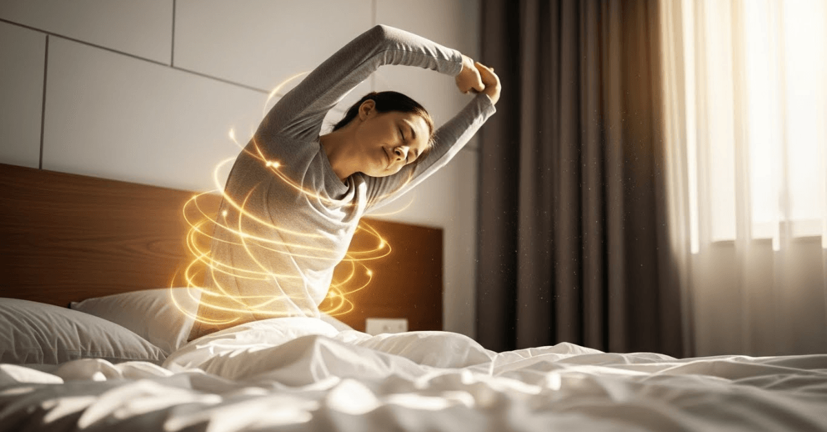 Person stretching in bed with glowing energy effects, representing a simple 30-second morning movement that wakes up the body and activates metabolism.