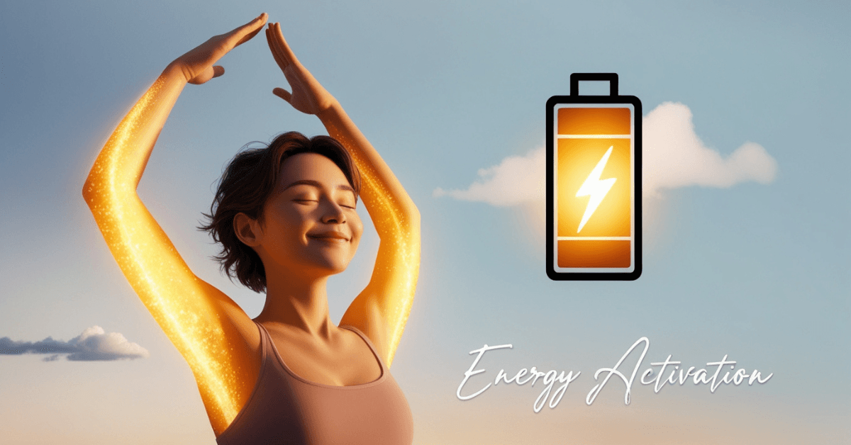 Person stretching with glowing energy and a battery icon, symbolizing morning energy activation and a quick metabolism boost to start the day.