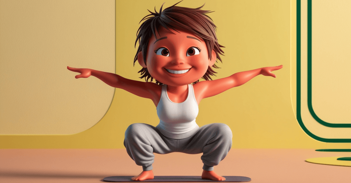 Animated figure performing a simple squat with arms extended, representing an easy 30-second morning movement to activate the body and boost metabolism.