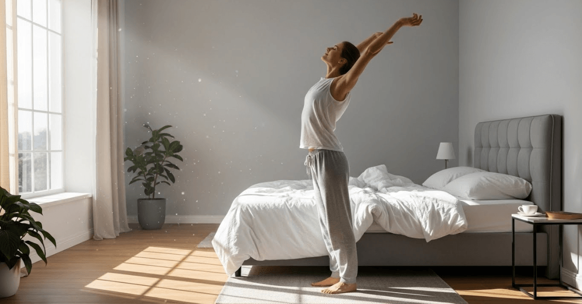 Person standing beside the bed with arms stretched overhead in a bright bedroom, representing a simple morning stretch to wake up the body and boost metabolism.