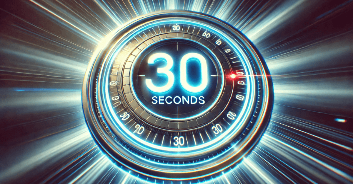 Glowing digital timer displaying 30 seconds with dynamic light streaks, symbolizing a quick morning routine that boosts metabolism and energy.
