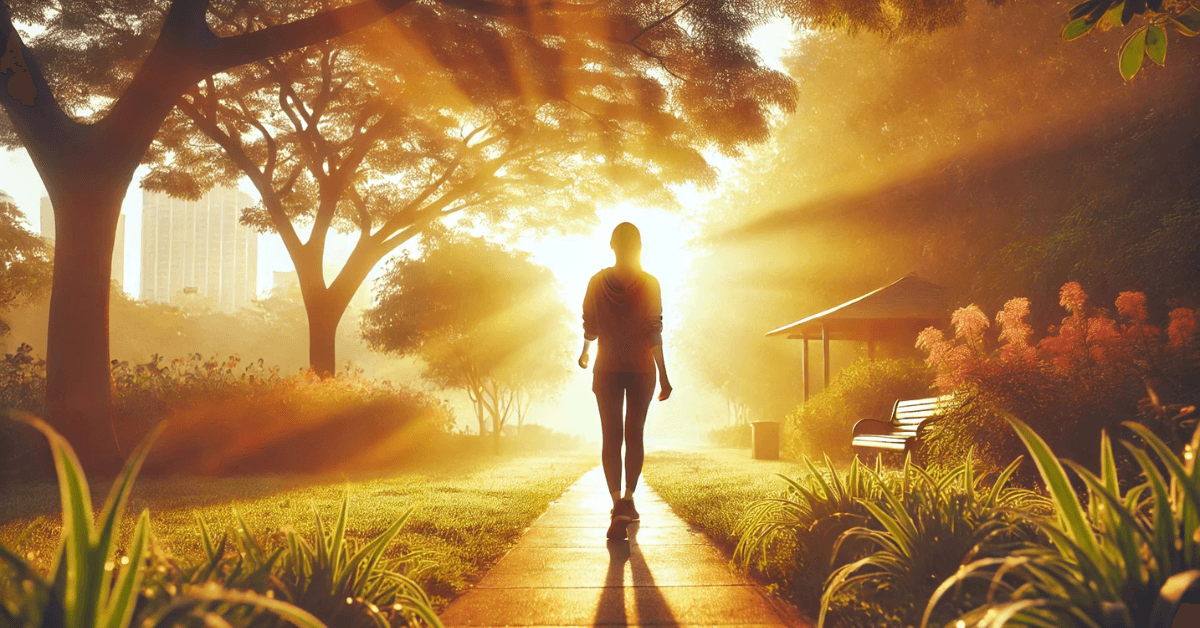 Person walking through a sunlit park at sunrise, symbolizing sustained energy, mental clarity, and positive momentum after a simple morning metabolism boost.