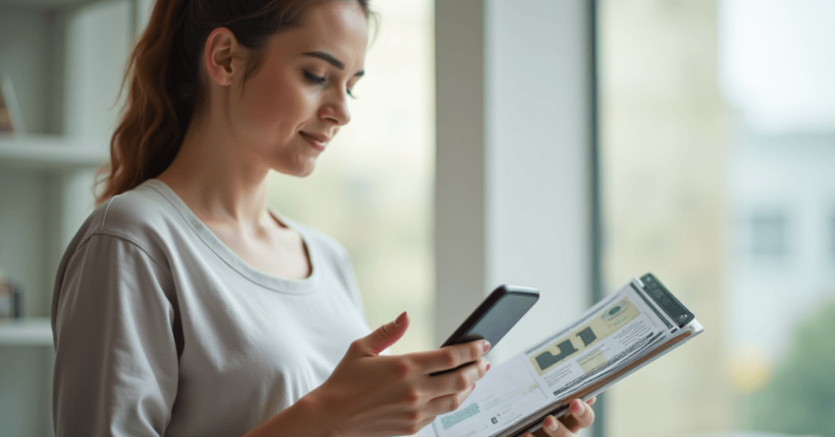 Person calmly checking their phone while reviewing a bill, representing a simple daily money check-in that builds financial awareness and long-term wealth.