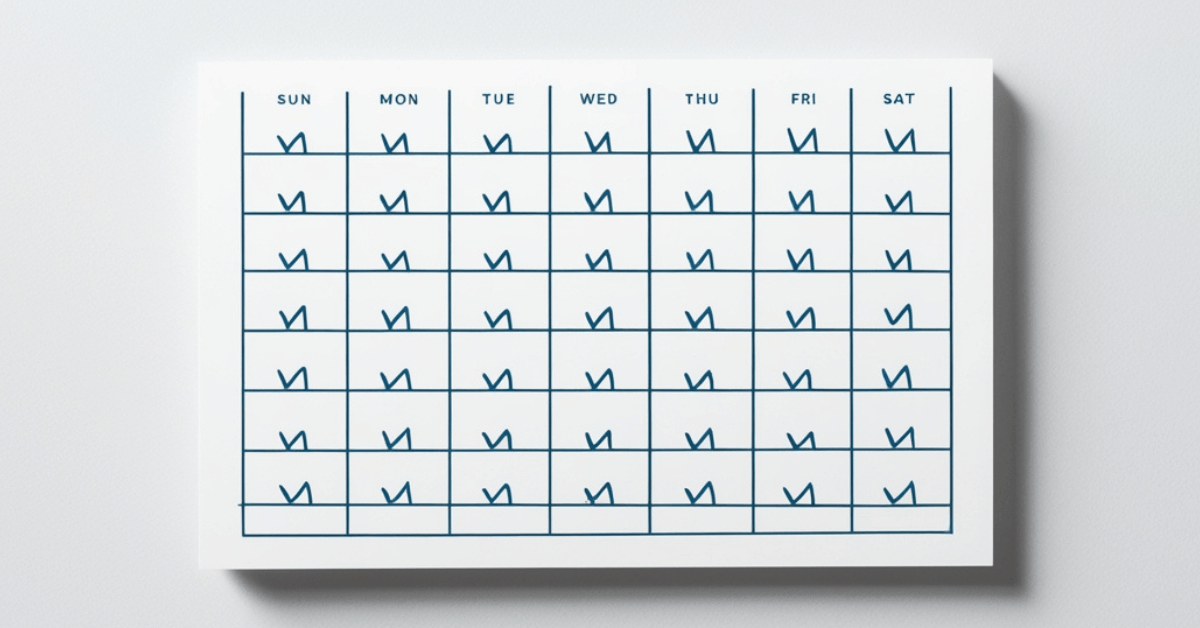 Minimal calendar filled with daily checkmarks, symbolizing consistent small money habits practiced every day to build long-term financial freedom.