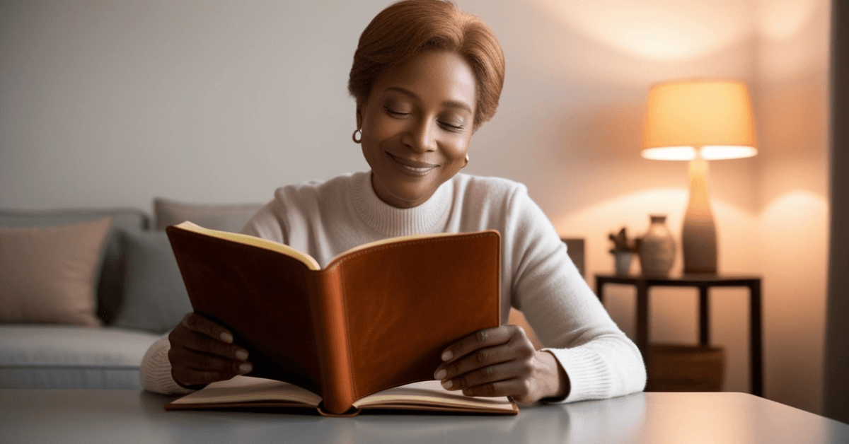 A relaxed woman reading a journal at a table in a softly lit room, representing calm financial reflection, mindful money habits, and confidence built through daily awareness.