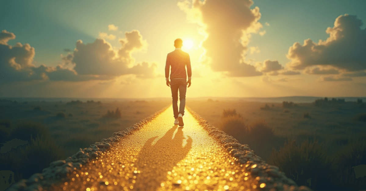 A person walking alone on a glowing path toward a bright horizon at sunrise, symbolizing long-term financial freedom built through consistent daily money habits.