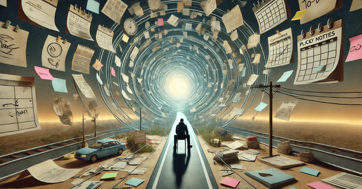 A symbolic scene showing a person sitting still at the center of a tunnel made of swirling to-do lists, calendars, and planning notes, while a bright path forward remains just out of reach, representing how excessive planning and overthinking can trap people in inaction.