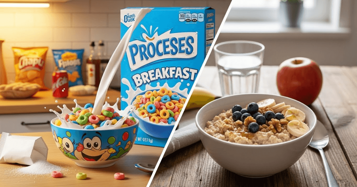 Side-by-side comparison of a sugary processed cereal breakfast and a whole-food breakfast with oatmeal, fruit, and nuts, showing how a simple food swap can improve nutrition and health.