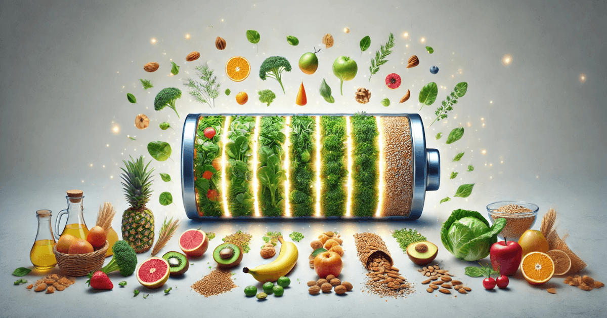 Illustration of a battery filled with leafy greens, fruits, nuts, and whole grains, symbolizing how nutrient-dense foods fuel energy, health, and long-term vitality.