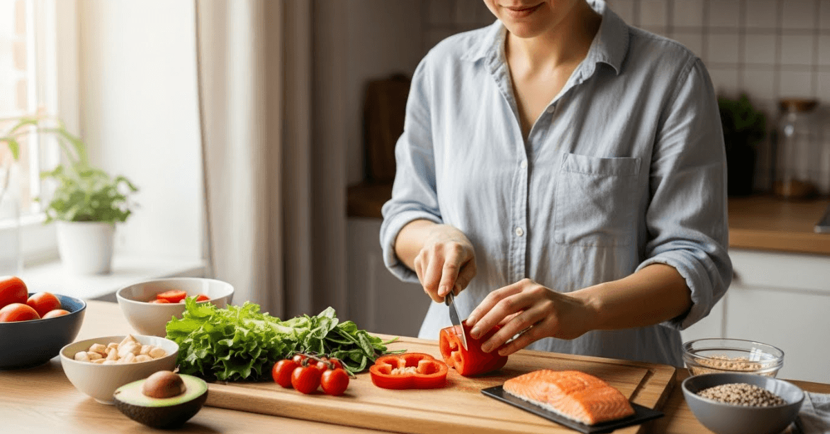 Person preparing a simple, healthy meal with fresh vegetables, salmon, and whole ingredients, illustrating how small food swaps can support better nutrition and lasting health.