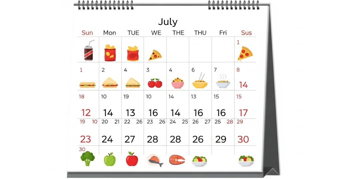 Illustrated calendar showing daily food choices shifting from processed foods to healthier options over time, highlighting how small nutrition swaps can create lasting results.