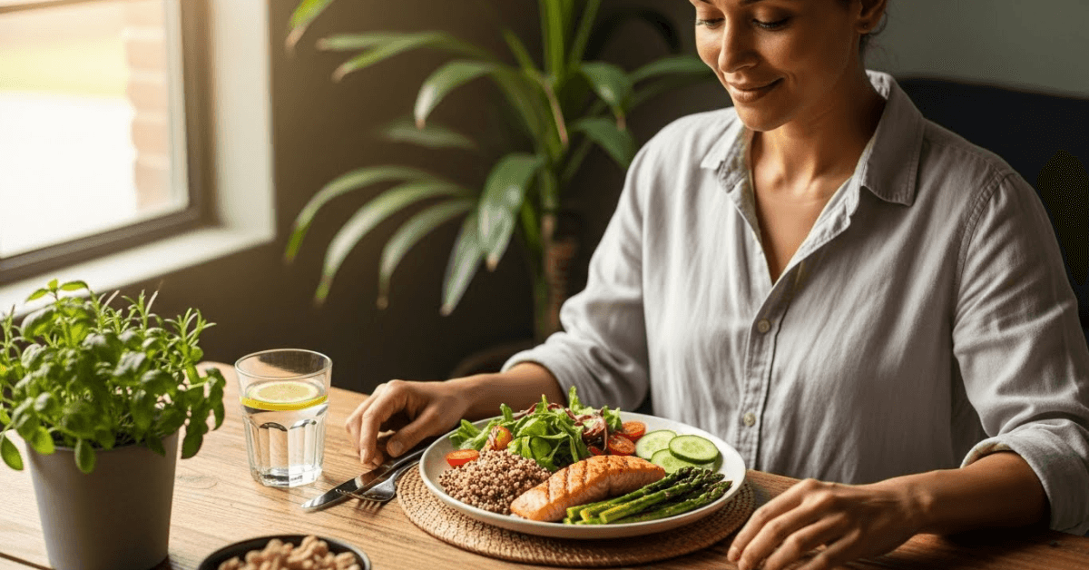 Person enjoying a balanced, healthy meal with whole foods, illustrating how simple food swaps can lead to sustainable nutrition habits and long-term health improvements.