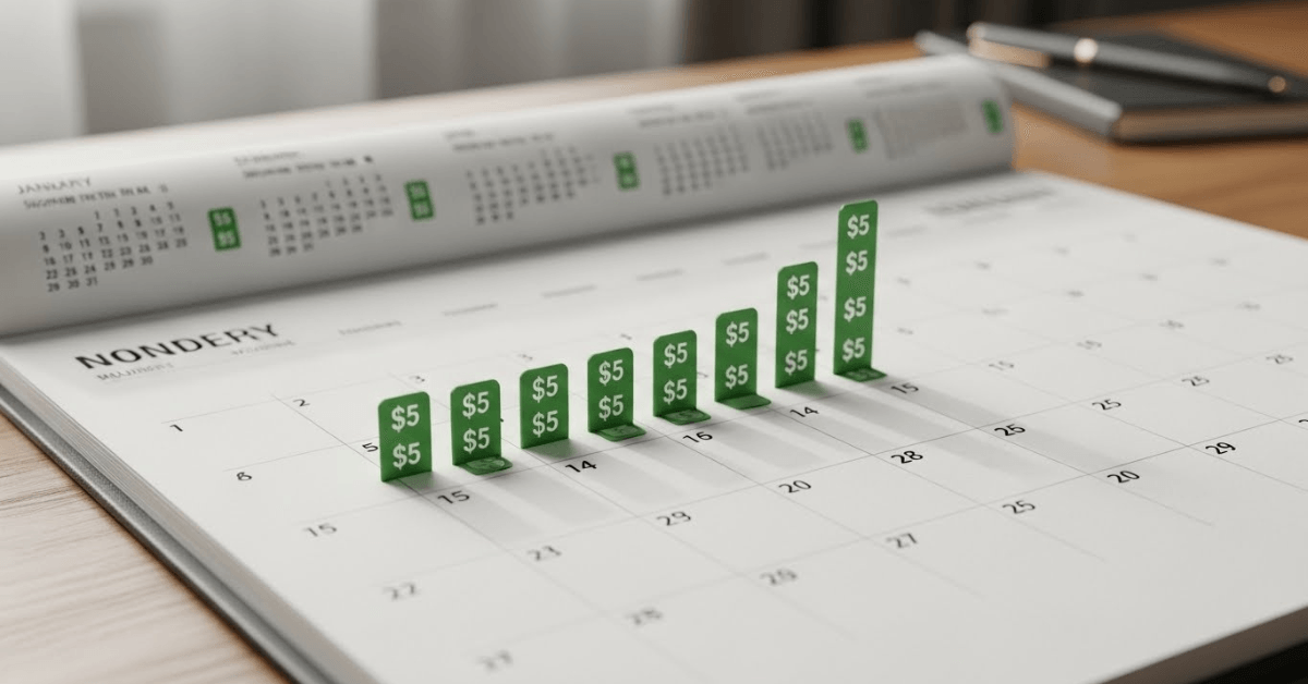 A calendar showing $5 savings markers steadily increasing over multiple days, representing how small, consistent financial habits compound into wealth over time.