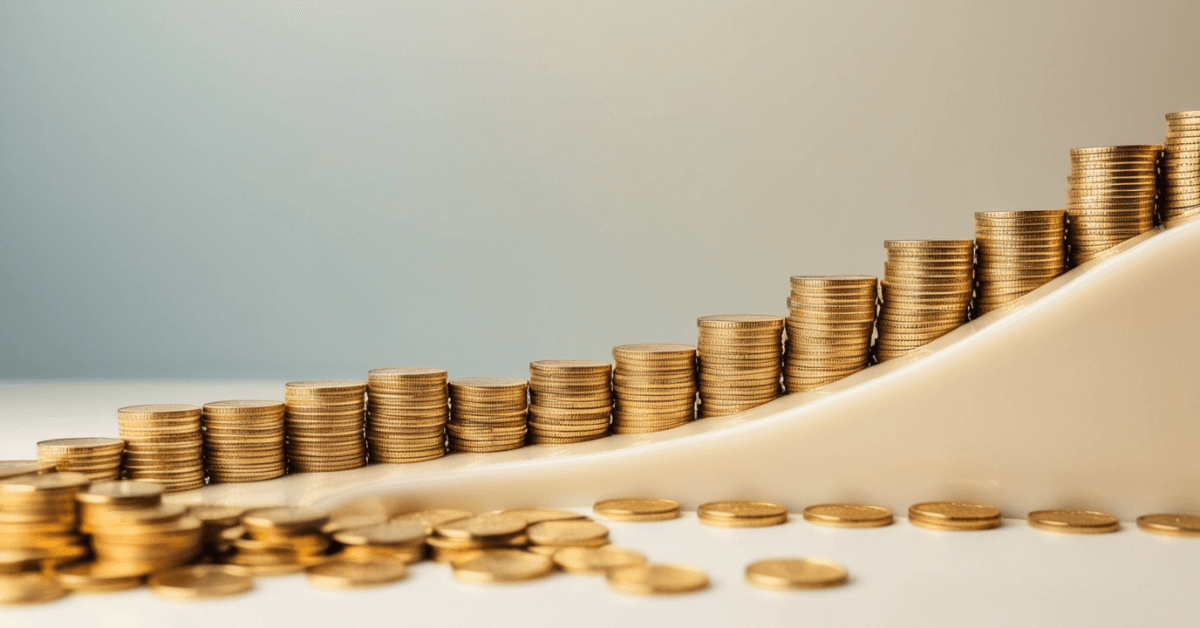 A gradual upward curve of stacked gold coins symbolizing how small, consistent financial habits compound into long-term wealth and financial freedom.