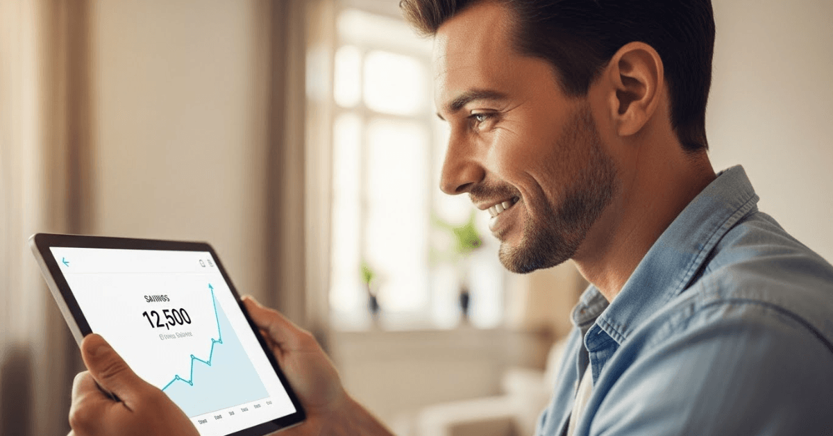 A person smiling while viewing a steadily rising savings balance on a digital tablet, representing how consistent small money habits lead to measurable financial growth and confidence.