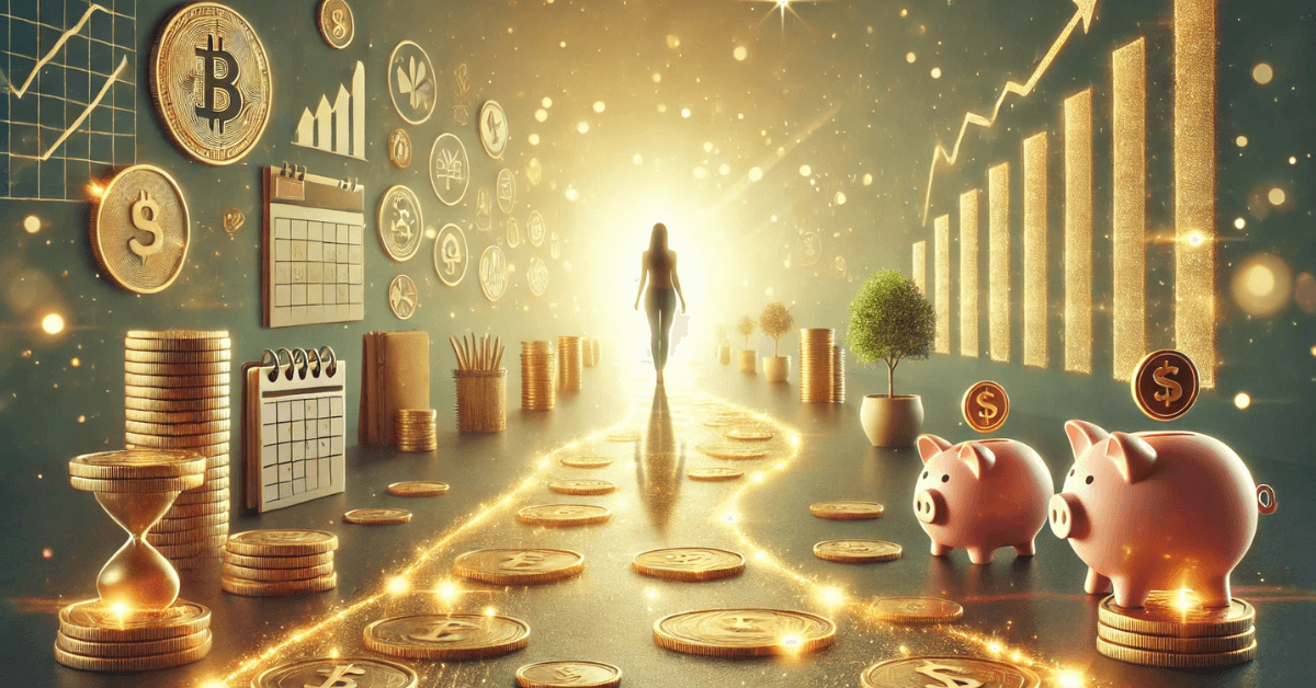 A glowing pathway of coins leading toward rising charts, savings symbols, and piggy banks, illustrating how small daily money habits compound over time to create lasting financial freedom.