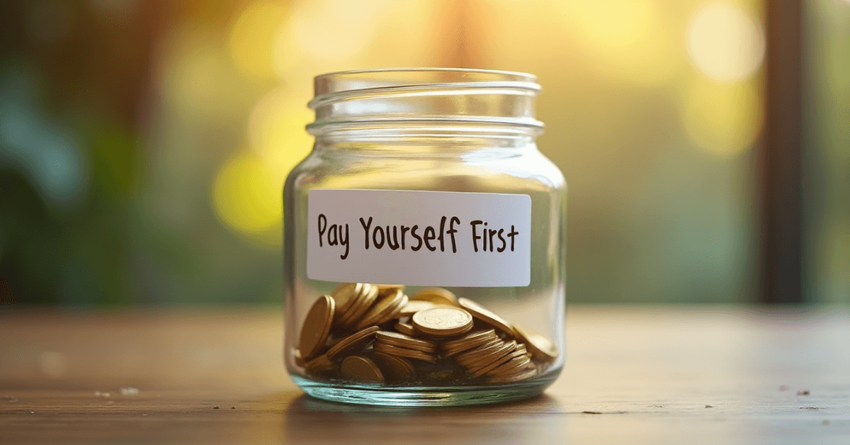 Glass jar labeled ‘Pay Yourself First’ filled with gold coins, symbolizing saving a portion of income and the first law of building wealth.