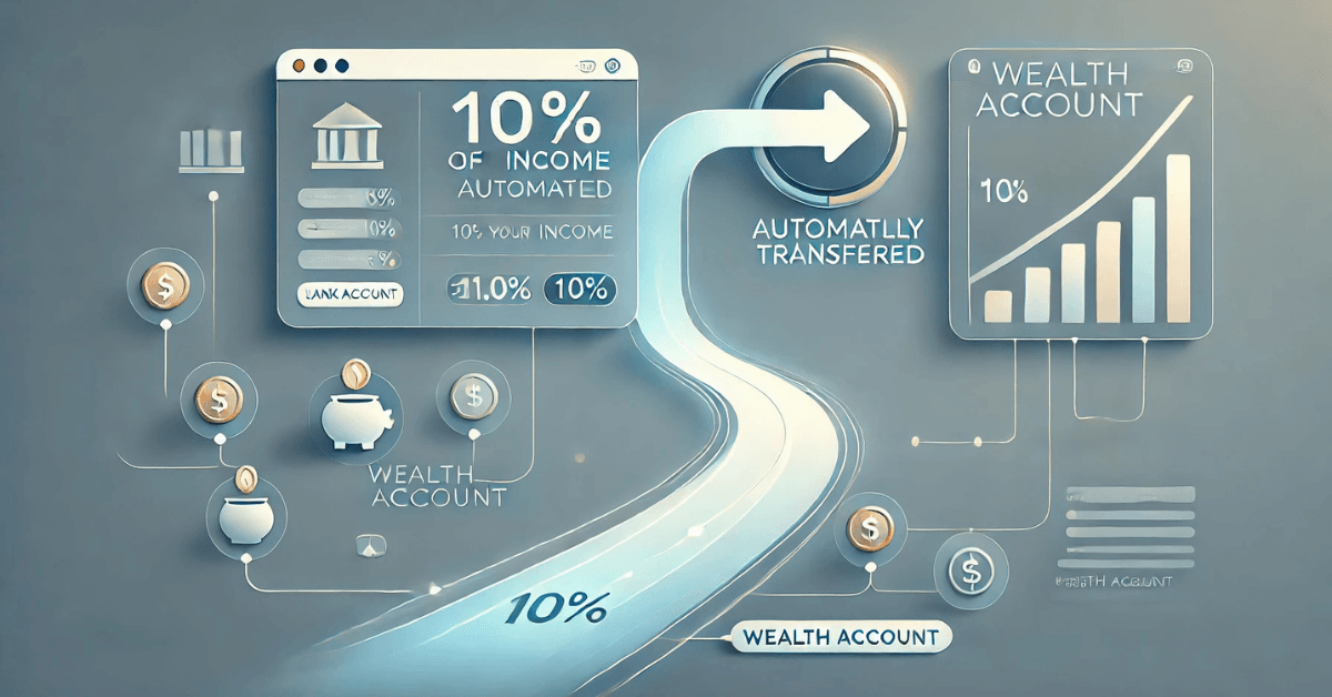 Infographic showing 10% of income automatically transferred into a wealth account, illustrating the system of paying yourself first and growing savings.