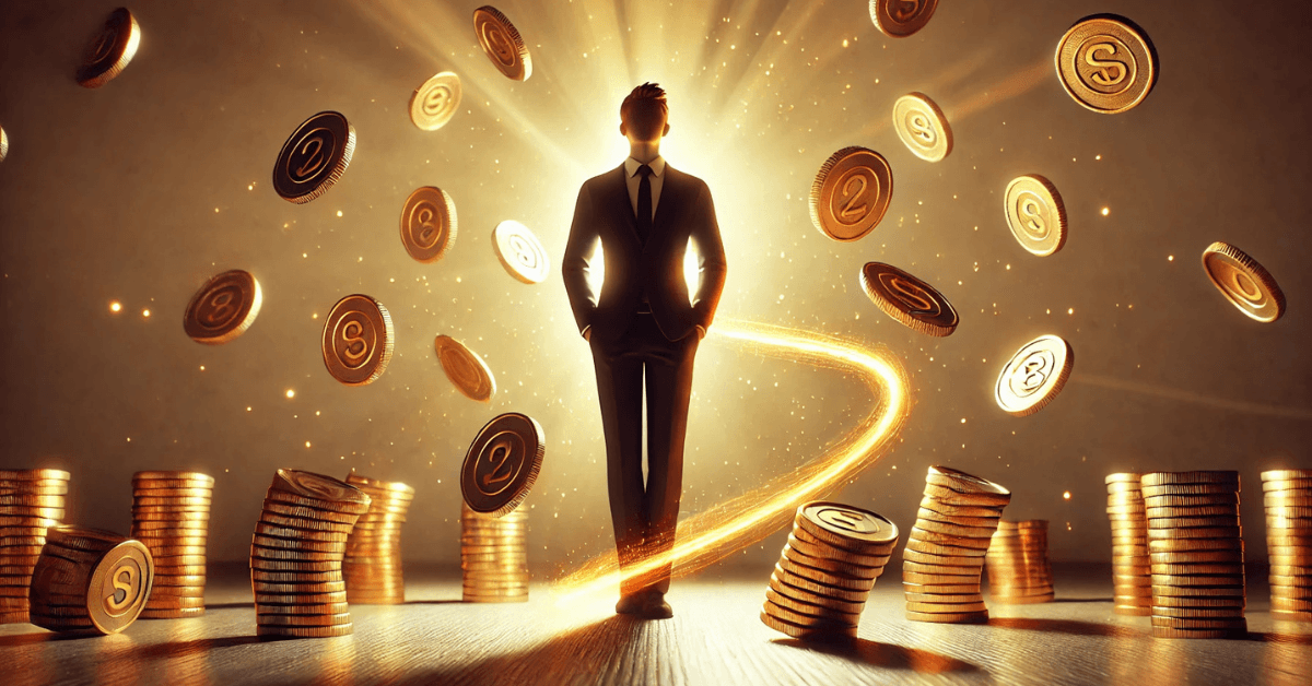Silhouetted confident person standing in glowing light surrounded by falling gold coins, symbolizing wealth attraction through disciplined financial habits.