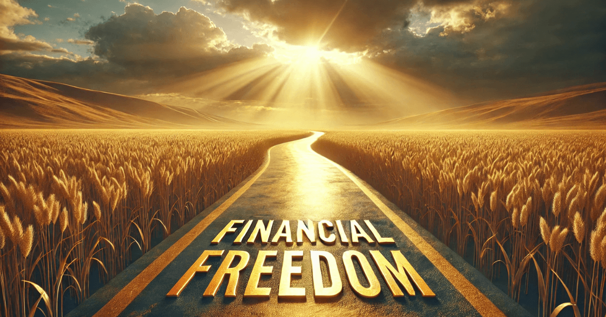 Golden road leading toward bright sunlight with the words ‘Financial Freedom,’ symbolizing the long-term rewards of disciplined saving and wealth building.
