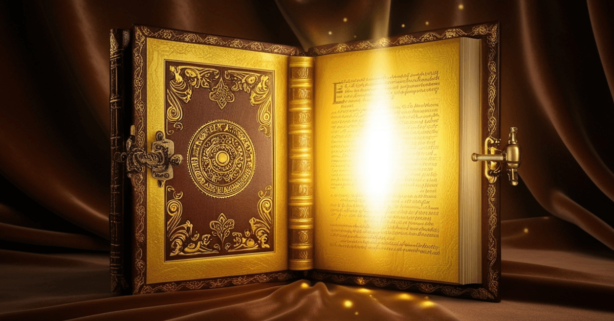 Ornate golden book glowing with light as it opens, symbolizing timeless financial wisdom and the enduring principles of wealth building.