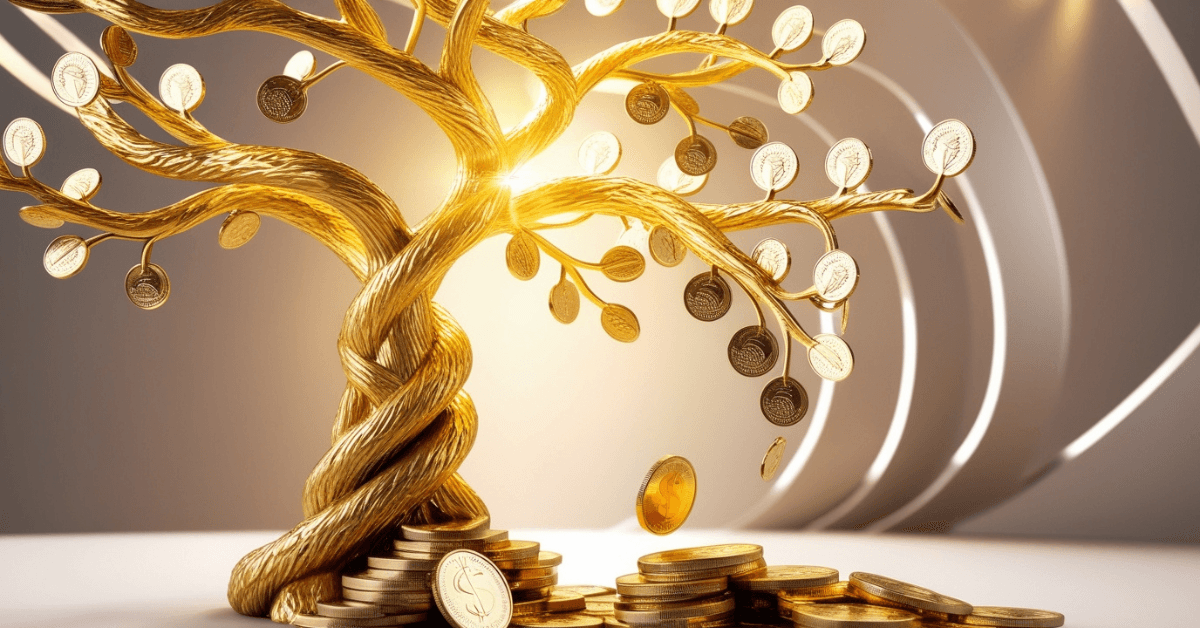 Golden money tree with intricate branches and falling coins, symbolizing steady growth and the wise accumulation of wealth in the 5 Laws of Gold.