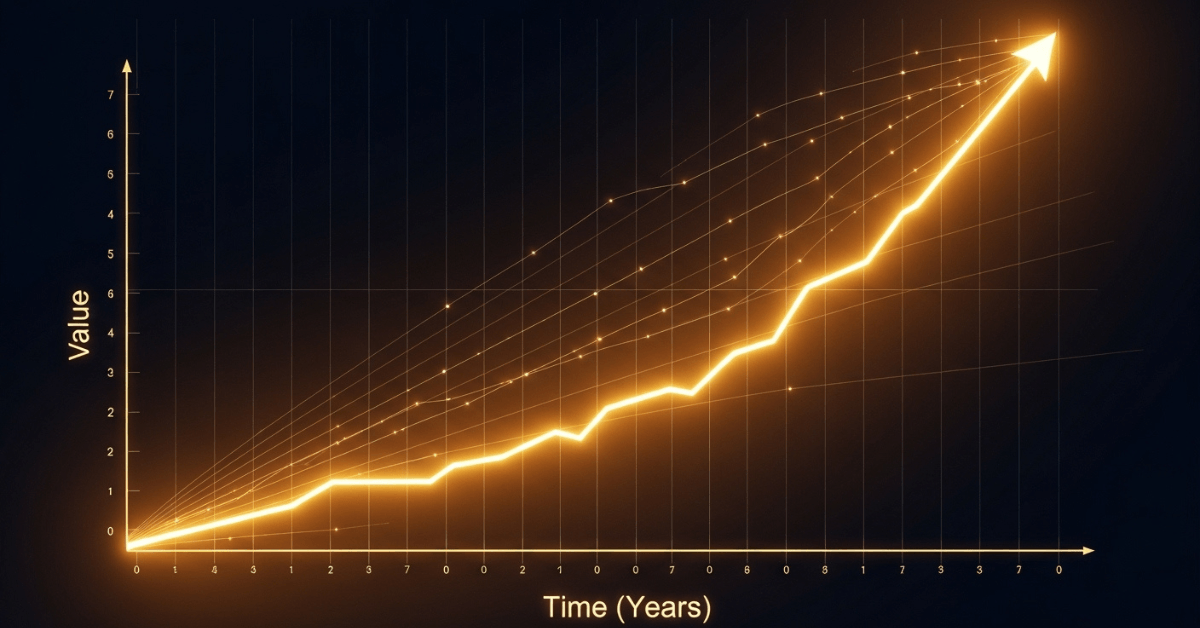 Golden upward financial growth chart showing increasing value over time, representing how disciplined investing allows wealth to multiply according to the 5 Laws of Gold.
