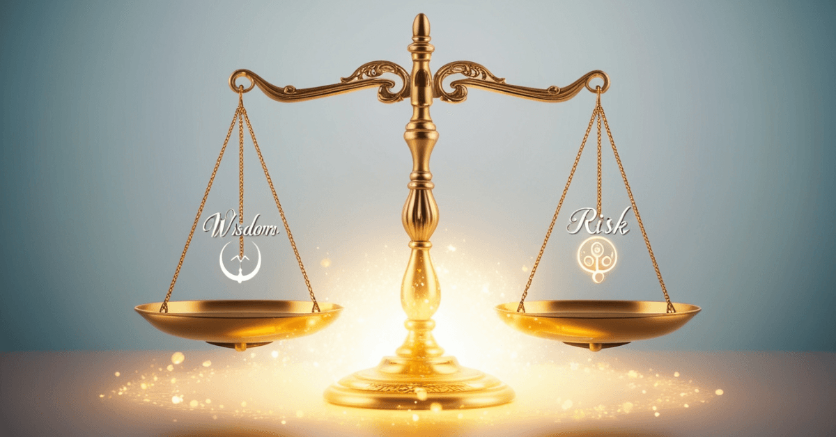 Golden scales balancing wisdom and risk, symbolizing the importance of making informed financial decisions and protecting wealth according to the 5 Laws of Gold.