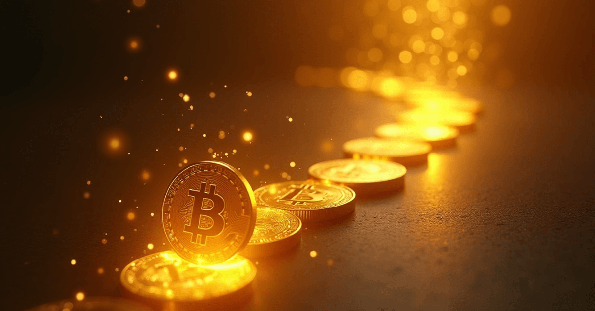 Glowing golden bitcoins arranged in a path, symbolizing modern investment opportunities and the careful evaluation of risks before pursuing new forms of wealth.