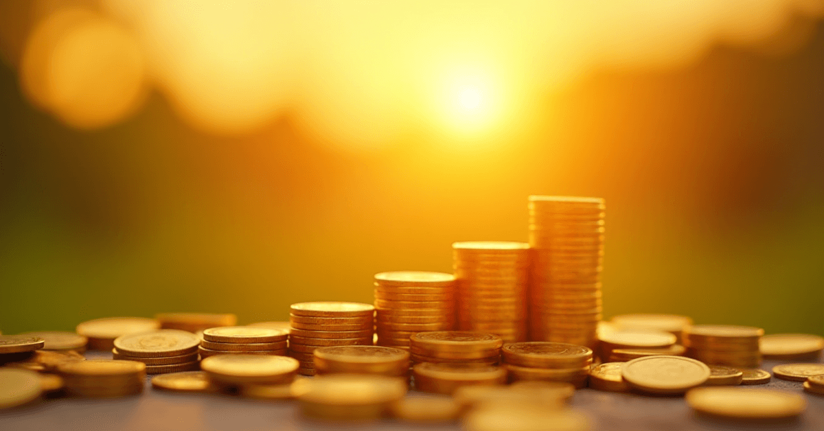 Stacks of gold coins glowing in the warm sunrise, symbolizing long-term wealth accumulation through disciplined saving and investing.