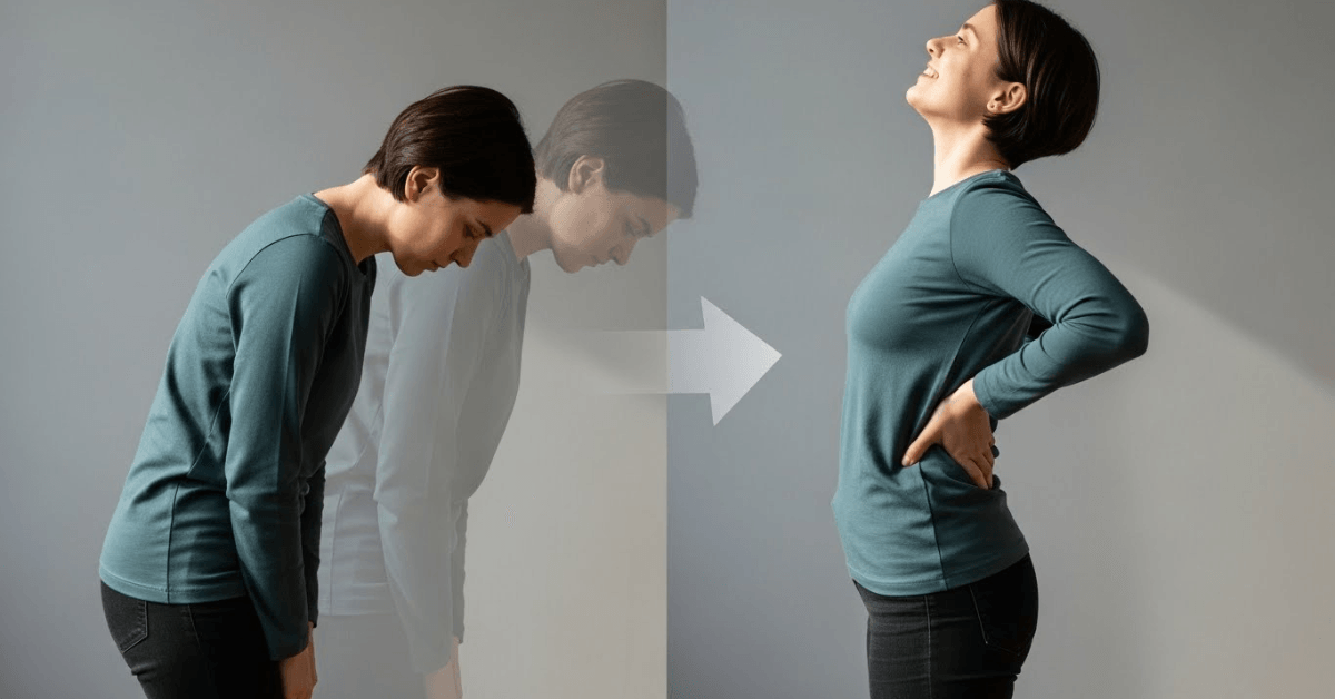 A side-by-side comparison showing a slouched posture transforming into a confident upright stance, demonstrating how a quick posture change can instantly boost confidence.