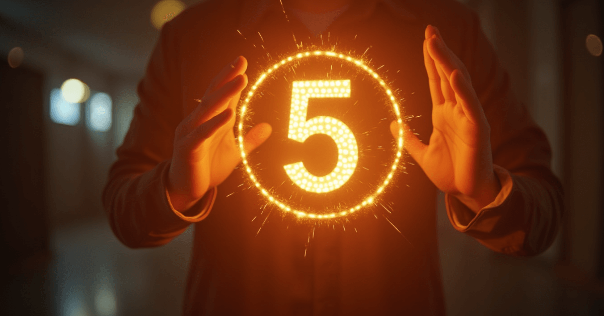 A glowing number five surrounded by light between two hands, symbolizing an instant five-second confidence activation.