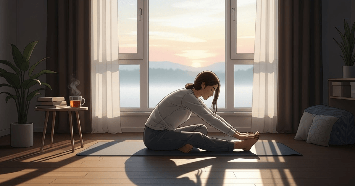 A person stretching on a yoga mat in a sunlit room at sunrise, representing a calm morning movement routine that helps activate metabolism.