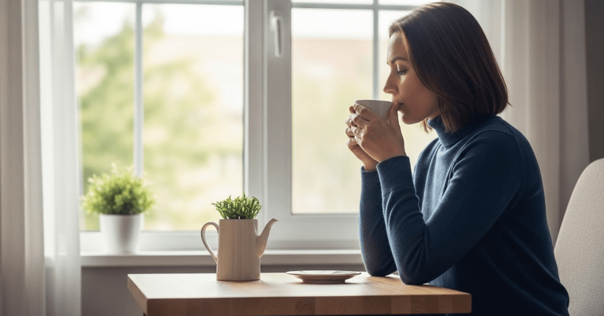 A woman calmly drinking a warm beverage by a window in the morning, representing a mindful daily habit that supports metabolism and overall wellness.