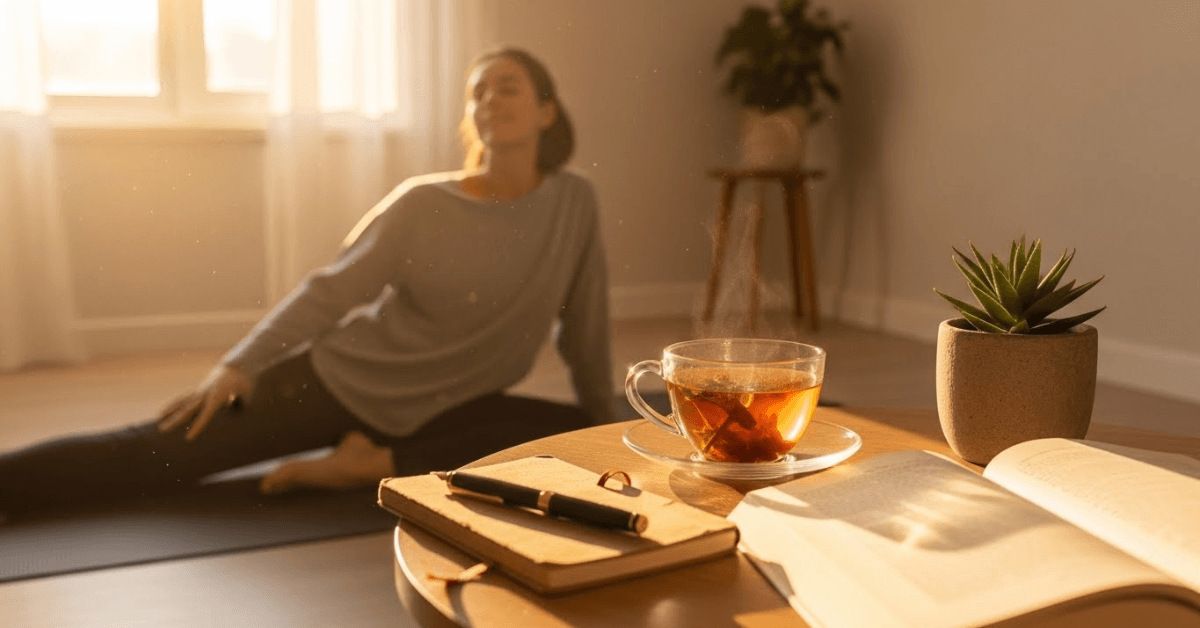 A calm morning scene with gentle stretching in the background and a cup of tea beside a notebook, symbolizing a slow, supportive routine that helps activate metabolism naturally.