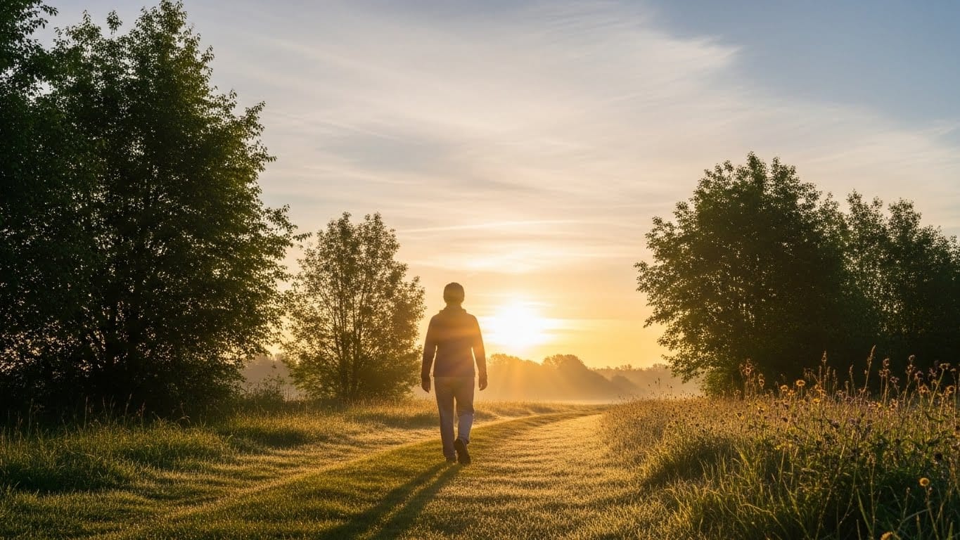 A person walking calmly into the sunrise along a grassy path, symbolizing a gentle morning habit that supports metabolic health, clarity, and long-term wellness.